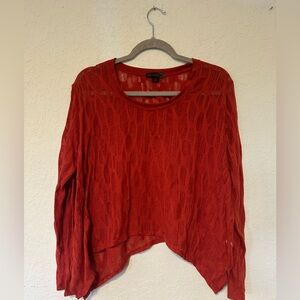 Boho Chic Bright RedTextured Knit Fabric Long Sleeve , Relaxed High-Low Hemline
